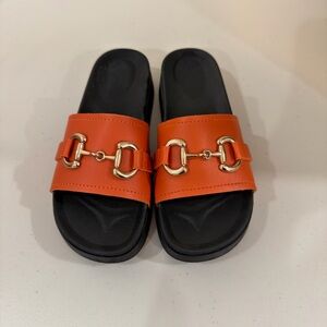Orange Slide Sandals with Gold Accent